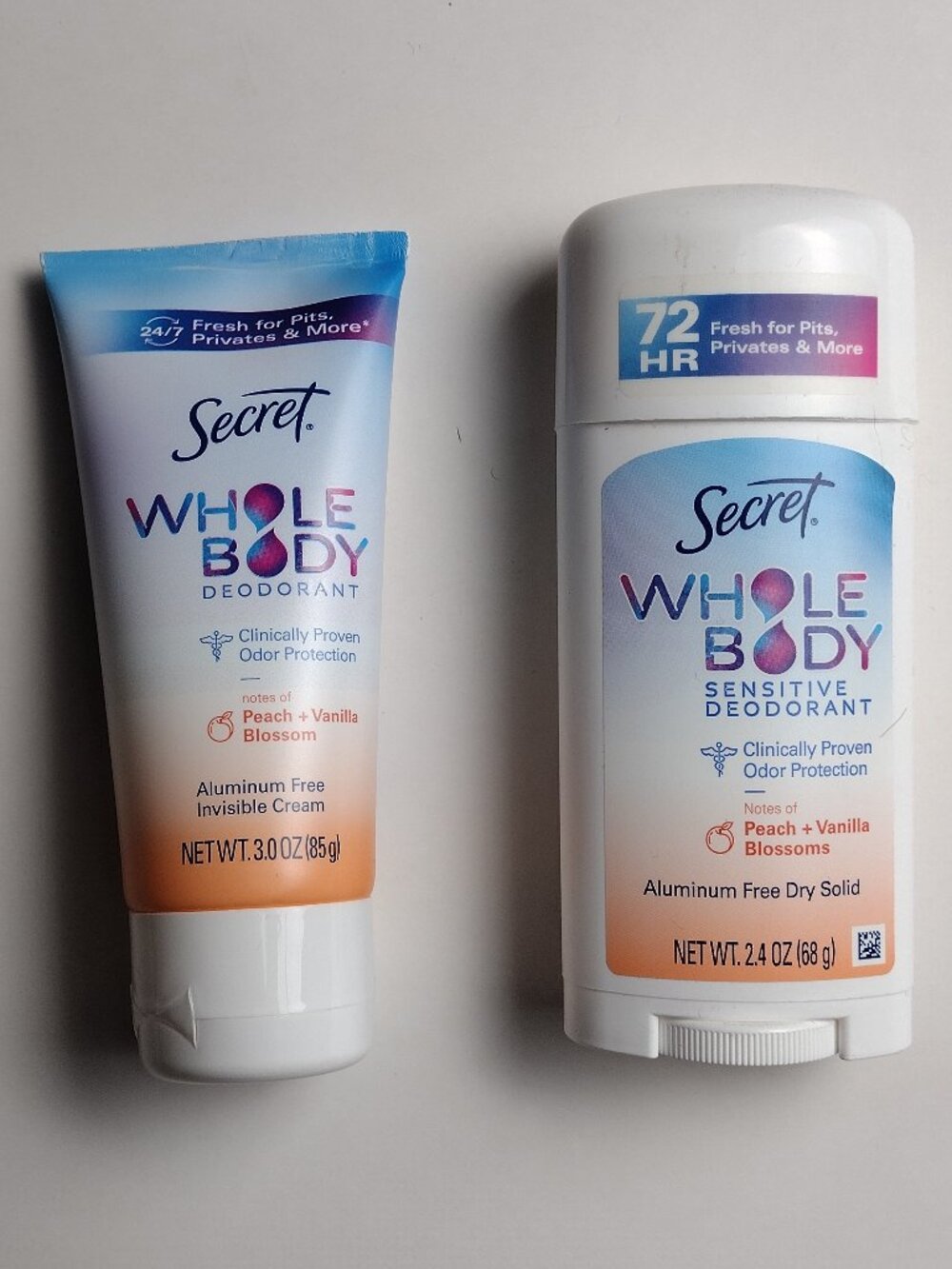 Secret Whole Body Deodorant 2 Pack Lot Peach & Vanilla Blossom Dry Solid + Cream